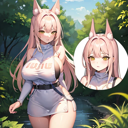 (paysage ville), (finely detailed eyes and detailed face:1.3), (extremely fine and beautiful:1.1), (Perfect details:1.1), nikke, leona, rear view, jambes grasses, yellow eyes, fox ears, white dress, short dress, sleeveless, sideboob, detached sleeves, shorts, belt