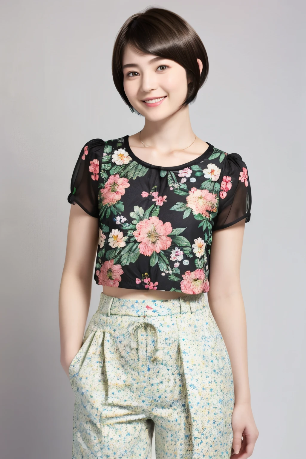 230 (18-year-old female,Floral clothes), ((short hair:1.46)), (Pants Style), (A kind smile)