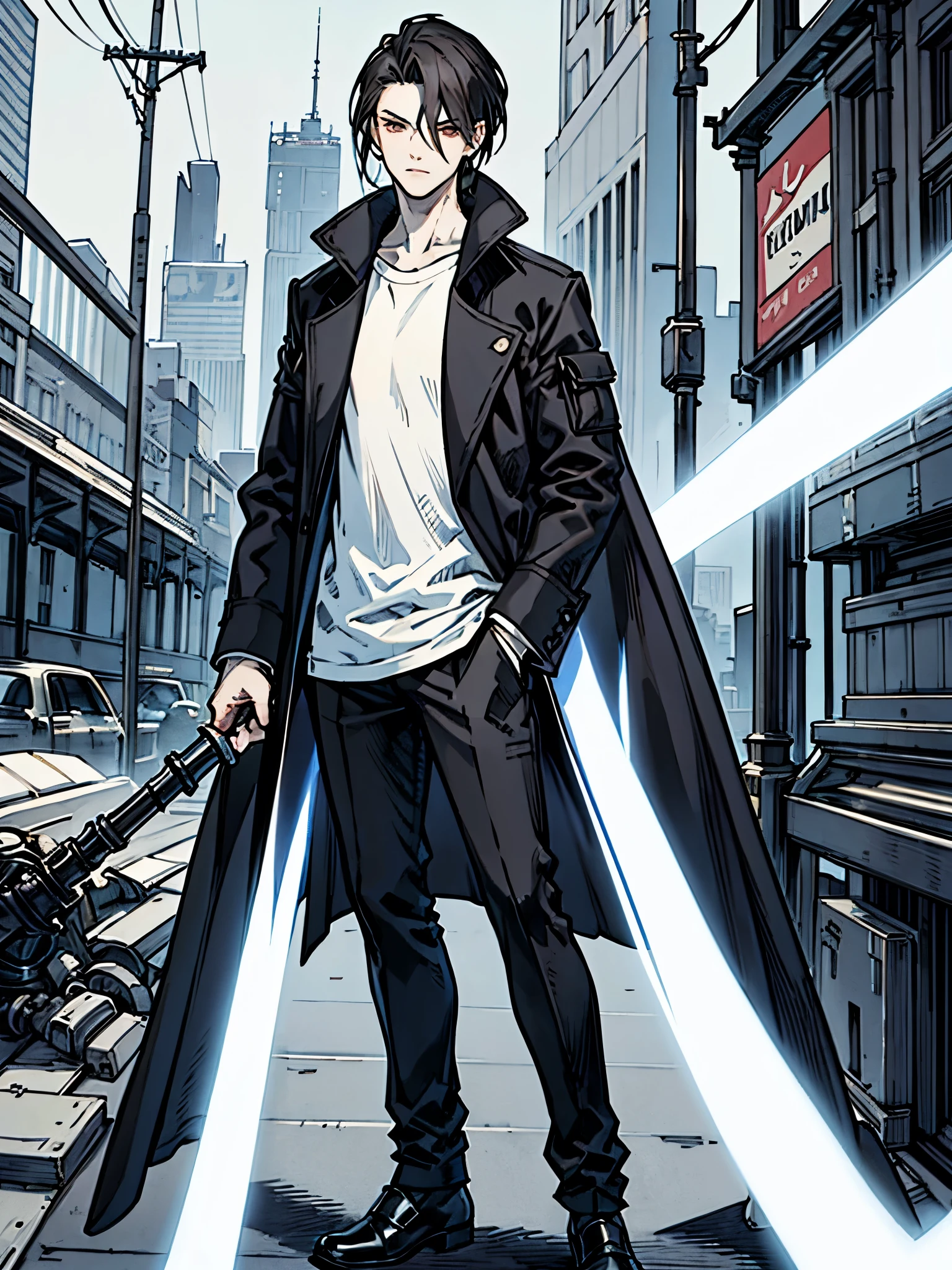 masterpiece, best quality, 1boy, solo, 20s, serious expression, long dark gray hair, pretty, pale skin, white tshirt, black overcoat, black cargo pants, black shoes
