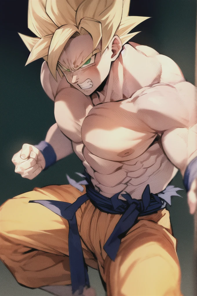 son goku, 1boy, angry, battle damage, blonde hair, blue sash, clenched teeth, furious, green eyes, male focus, muscular, muscular male, pectorals, sash, solo, spiked hair, super saiyan, super saiyan 1, teeth, topless male, torn clothes, wristband, ((masterpiece))