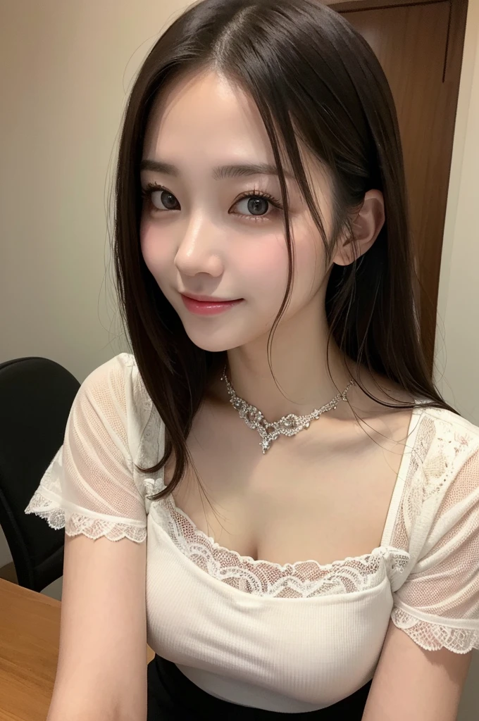 On the table、best quality、Photorealism、Finely、high resolution、8wallpaper、Perfect dynamic posture、Beautiful slender eyes and long hair、(Big plump breasts 1.3)、casual sexy pose、Random situations、Selfie Angle,Close Range,Looking at the camera,(Tight round neck black mesh lace shirt)、、Gentle smile、50 years old、(Perfect Eyes 1.3)、Mature adult beauties、Japanese、