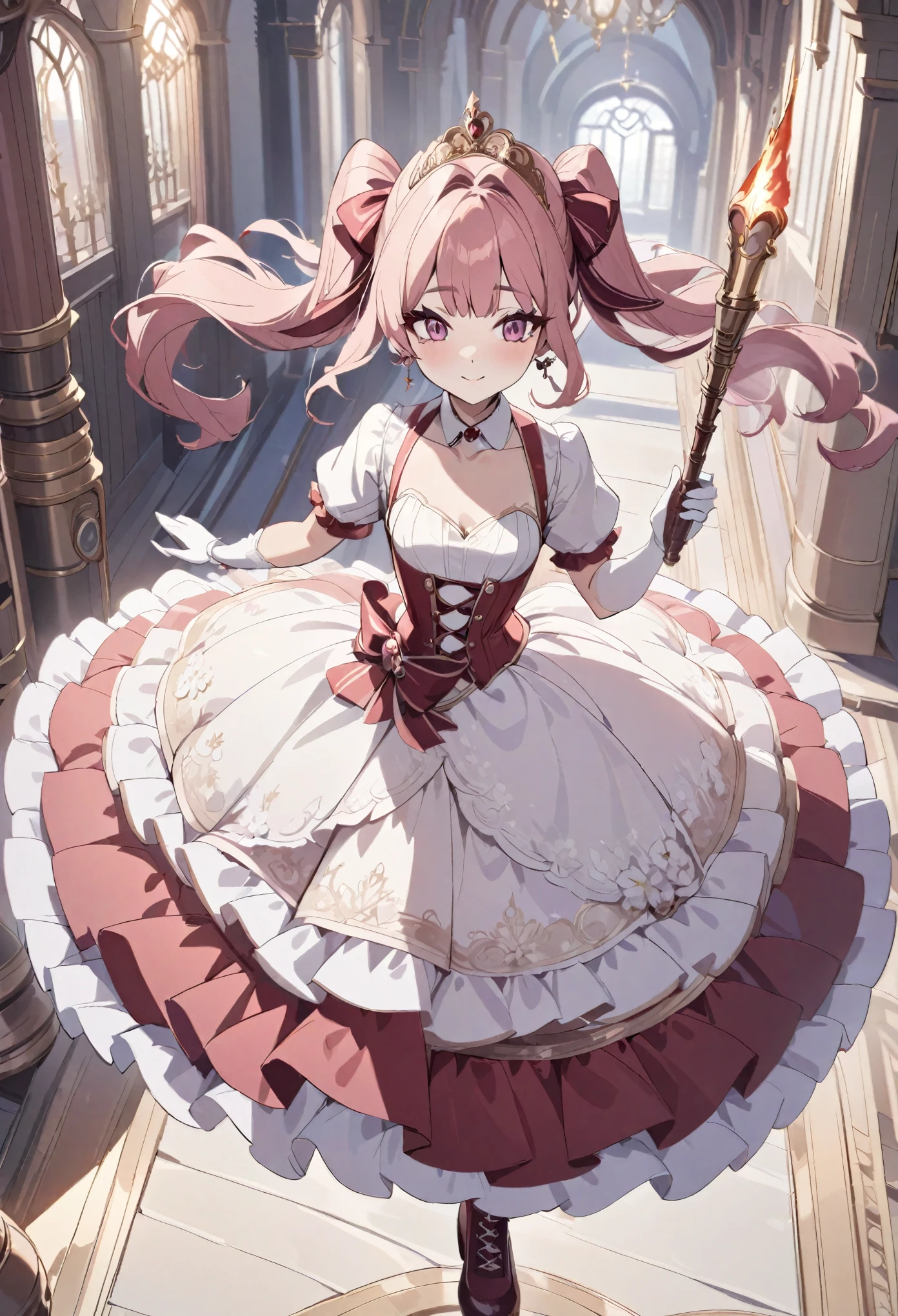 (best quality,4k,8k,highres,masterpiece:1.2),ultra-detailed, Pretty princess, drawn in anime style, is cute and happy, long red twin tail hair, pink eyes, small breast, makeup and lipstick, steampunk, red and white ball gown with puffy sleeves, physically-based rendering,gorgeous princess dress design,flowing gown,elaborate lace details,rich textures,contrast stitching,delicate ribbon bows,floral accents, daisy flowers embroidery, full skirt,short sleeves,fitted waistline,flared cuffs,lace-up back,luxurious fabrics,flawless silhouette, petticoat, bloomers, bustle, corset, hair ribbons, white elbow gloves, ruby earrings and necklace, gold tiara, high heels, holding a fire magic wand, walking in castle hallway, highly detailed, 4K.