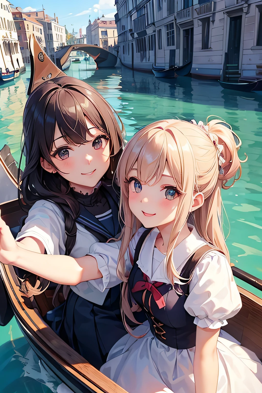 highest quality、High resolution、Detailed Background、(Beautiful face in every detail:1.4)、Anatomically correct、(Detailed facial expressions)、(Detailed eyes:1.2)、Teenage beauty、(Highly detailed face:1.4)、Cute hair colour、Braided Bob、ponytail、Cute hairstyle、well-groomed eyebrows、Do cute things、School trip、Cute JK Uniform、Unique scenery and historical architecture of a floating city、
(Beautiful girl smiling and taking a selfie on a gondola:1.5)、
A gondola glides gracefully under a stone bridge along a canal、There are two young women in the car.、
They are sitting holding hands、She has a somewhat embarrassed look on her face.、But at the same time、You can also sense the excitement.、
The gondola driver slowly rows the oars.、The two women are admiring the view of the canal that unfolds before them.、
A graceful gondola、The two of them look like they are in a dream state as they look at the historic buildings lining both sides of the street.、
「Wa、beautiful!」The two of them whispered to each other how touched they were.、They are holding hands and enjoying the view of the canal.、
Every now and then, the gondola driver breaks into song, bringing a smile to both of their faces.、The reflection of the two people on the water surface sways beautifully.、
In the relaxed flow of time、The two of them look genuinely happy、
The story unfolds on the canals of Venice.、It's a romantic scene.