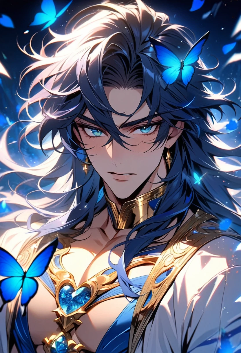 absurdres, highres, ultra detailed, HDR, master piece, best quality, Saga de gemini, dark blue hair, untamed hair, without bangs, expressive turquoise eyes, Saint Seiya, solo, sexy man, handsome, white coat, black tight shirt, patterns, toned chest, glittering blue butterflies, blue petals, blue flowers, magical, fantasy, blue background