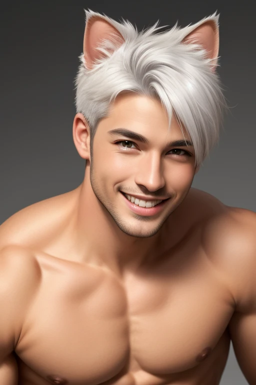 best quality,masterpiece, catboy, Ultra high detail,A handsome muscular man,Short black hair,nude naked, with perfect detailed penis and scrotum,),(Wi),realistic,Grey background, white cats ears, white haired, smiling