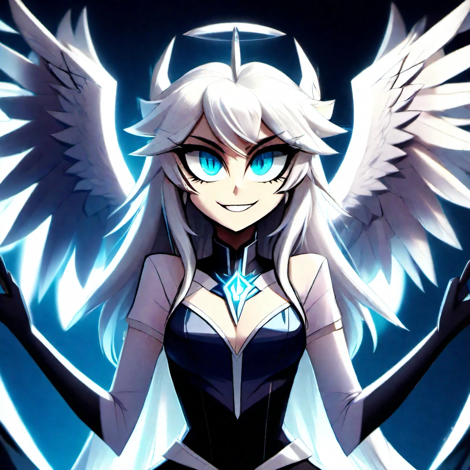 Hazbin hotel style, a girl around , seraph girl with 6 wings, long white hair, very fair skin, blue eyes, slightly flushed face, expression of excitement