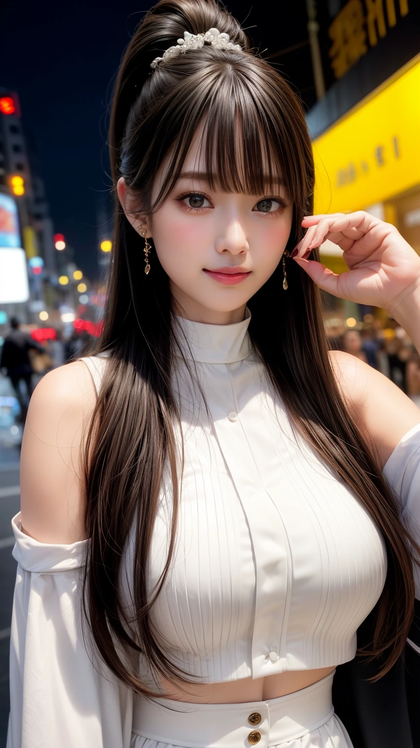 highest quality、Natural Lip、Fair skin、Great light、Beautiful lighting、((Straight hair))、((ponytail))、((Black Hair))、Blunt bangs、Off the shoulder、Big Breasts、Big Breastsの谷間、White crop top、mini skirt、Gorgeous Accessories、Harajuku at night、smile、かわいいsmile、Crowds in the city at night