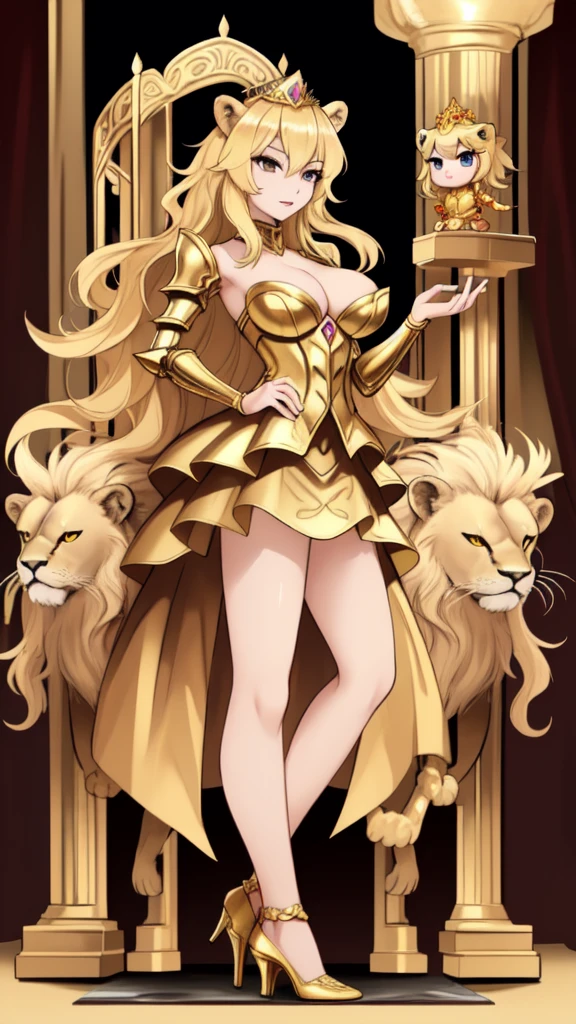 Blonde Queen Gold Tiara, Lion Totem Armor,cleavage,High heels standing castle