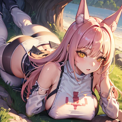 (finely detailed eyes and detailed face:1.3), (extremely fine and beautiful:1.1), (Perfect details:1.1), nikke, leona, rear view, jambes grasses, yellow eyes, fox ears, white dress, short dress, sleeveless, sideboob, detached sleeves, shorts, belt