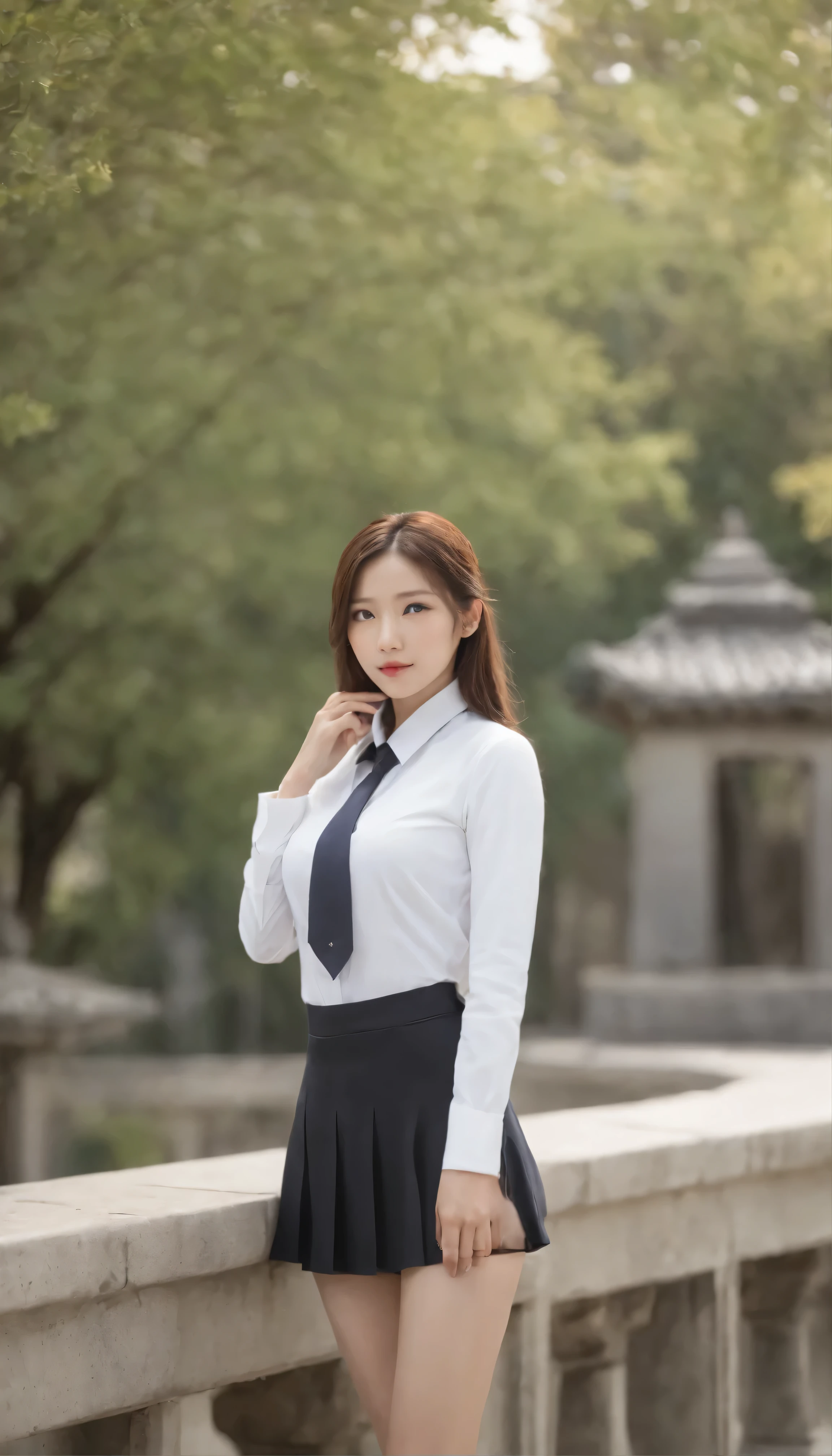 (Super detailed)highest quality:Full-body portrait of a 25-year-old woman in、Delicate and beautiful face with large, expressive eyes(1.1)Introducing。Casually stylish female white collar uniform(1.2)Wear、Perfect for office uniform wear with fine details especially around the collar and cuffs.。Her slim body、This is accentuated by the contrast between the sleek lines of the uniform and the elegance of the black stockings.。 The outdoor scene is bathed in soft natural light on a sunny afternoon.、It provides an idyllic backdrop for this enchanting portrait.。in