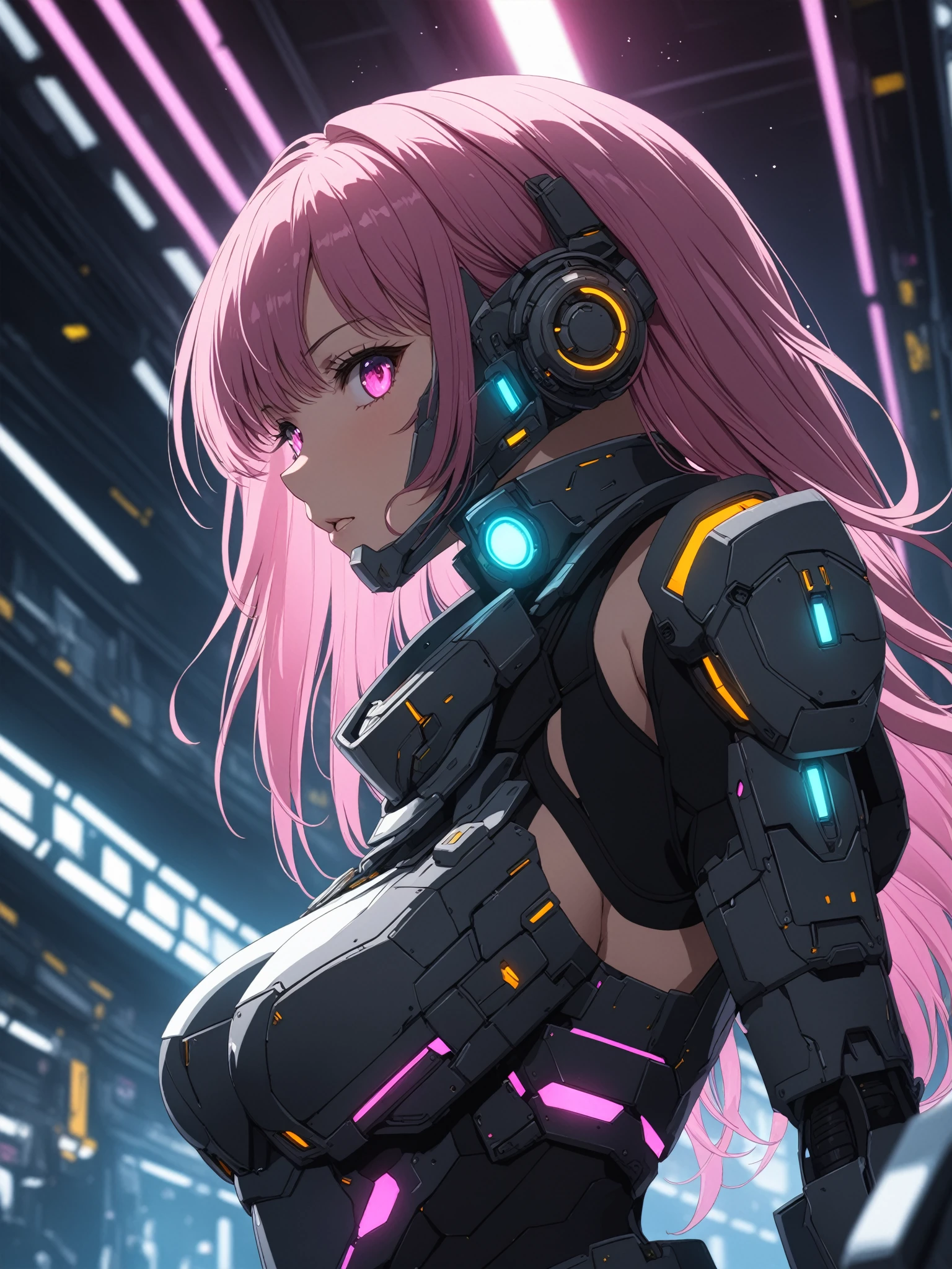 anime screencap, 1girl, mecha suit, samurai face mask, cyberpunk neoncore, menpo, upper body, underboob, portrait, armor, shimmering hair, 8K, RAW, best quality, masterpiece, ultra high res, colorful, (medium wide shot), (dynamic perspective), sharp focus , depth of field, bokeh, extremely detailed eyes and face, beautiful detailed eyes,large breasts,trimmed gear,In a futuristic weapons factory, ((masterpiece, best quality)), niji, from side, upper body, hips, cinematic lighting, amazing quality, amazing shading, soft lighting, Detailed Illustration, anime style, wallpaper