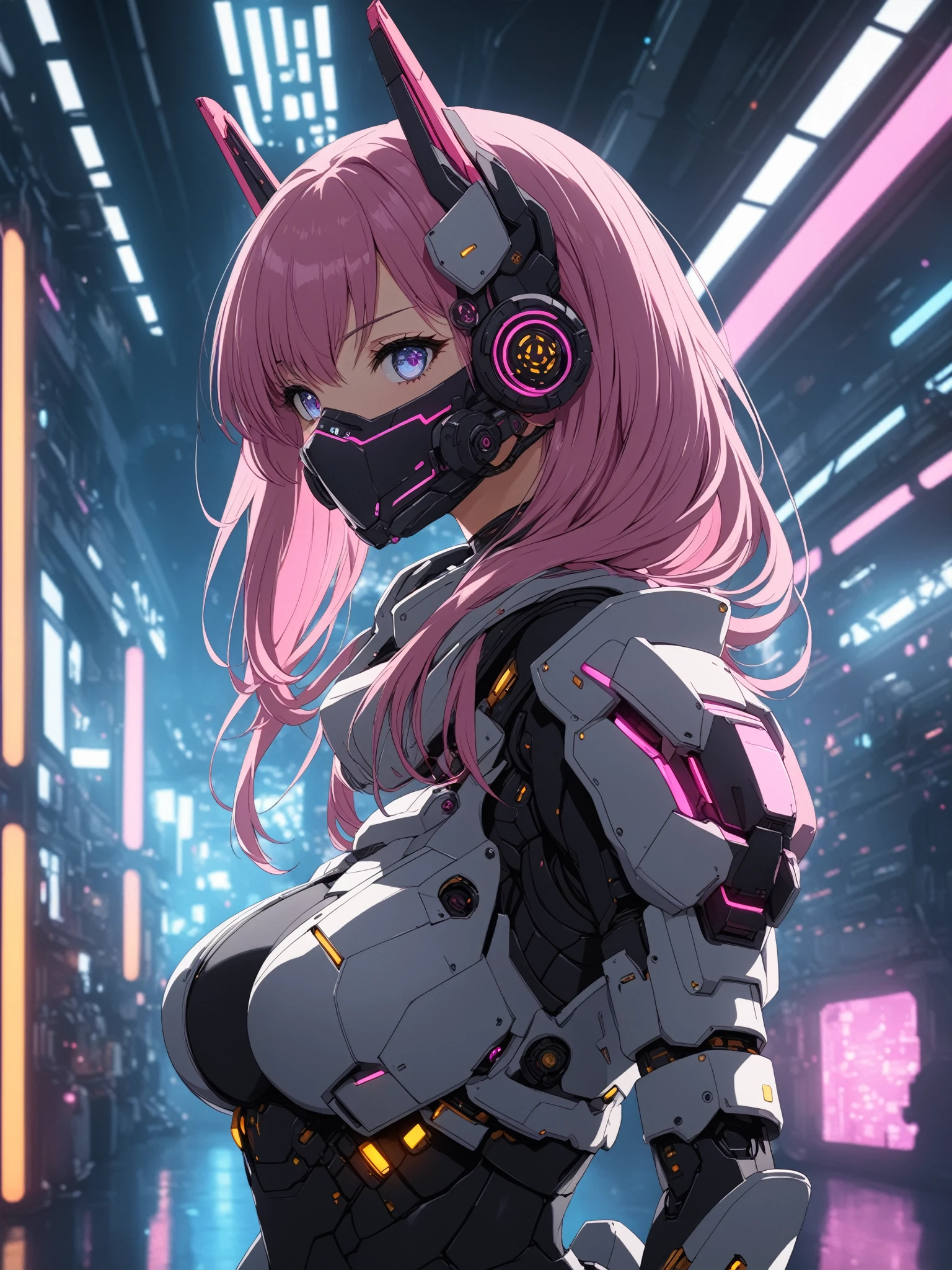 anime screencap, 1girl, mecha suit, samurai face mask, cyberpunk neoncore, menpo, upper body, underboob, portrait, armor, shimmering hair, 8K, RAW, best quality, masterpiece, ultra high res, colorful, (medium wide shot), (dynamic perspective), sharp focus , depth of field, bokeh, extremely detailed eyes and face, beautiful detailed eyes,large breasts,trimmed gear,In a futuristic weapons factory, ((masterpiece, best quality)), niji, from side, upper body, hips, cinematic lighting, amazing quality, amazing shading, soft lighting, Detailed Illustration, anime style, wallpaper