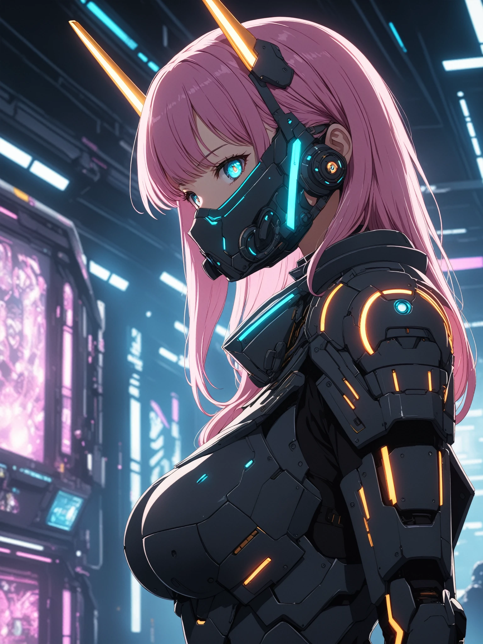 anime screencap, 1girl, mecha suit, samurai face mask, cyberpunk neoncore, menpo, upper body, underboob, portrait, armor, shimmering hair, 8K, RAW, best quality, masterpiece, ultra high res, colorful, (medium wide shot), (dynamic perspective), sharp focus , depth of field, bokeh, extremely detailed eyes and face, beautiful detailed eyes,large breasts,trimmed gear,In a futuristic weapons factory, ((masterpiece, best quality)), niji, from side, upper body, hips, cinematic lighting, amazing quality, amazing shading, soft lighting, Detailed Illustration, anime style, wallpaper