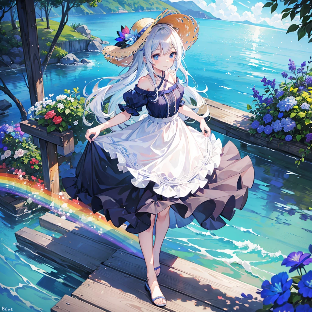 girl, looking away,looking up,Wooden Bridge ,rainbow ,from viewer,Blue eyes, big eyes,droopy eyes, With blue flower corsage,off-shoulder frilled dress ,straw hat,Slender body, White long hair, light smile,full body
