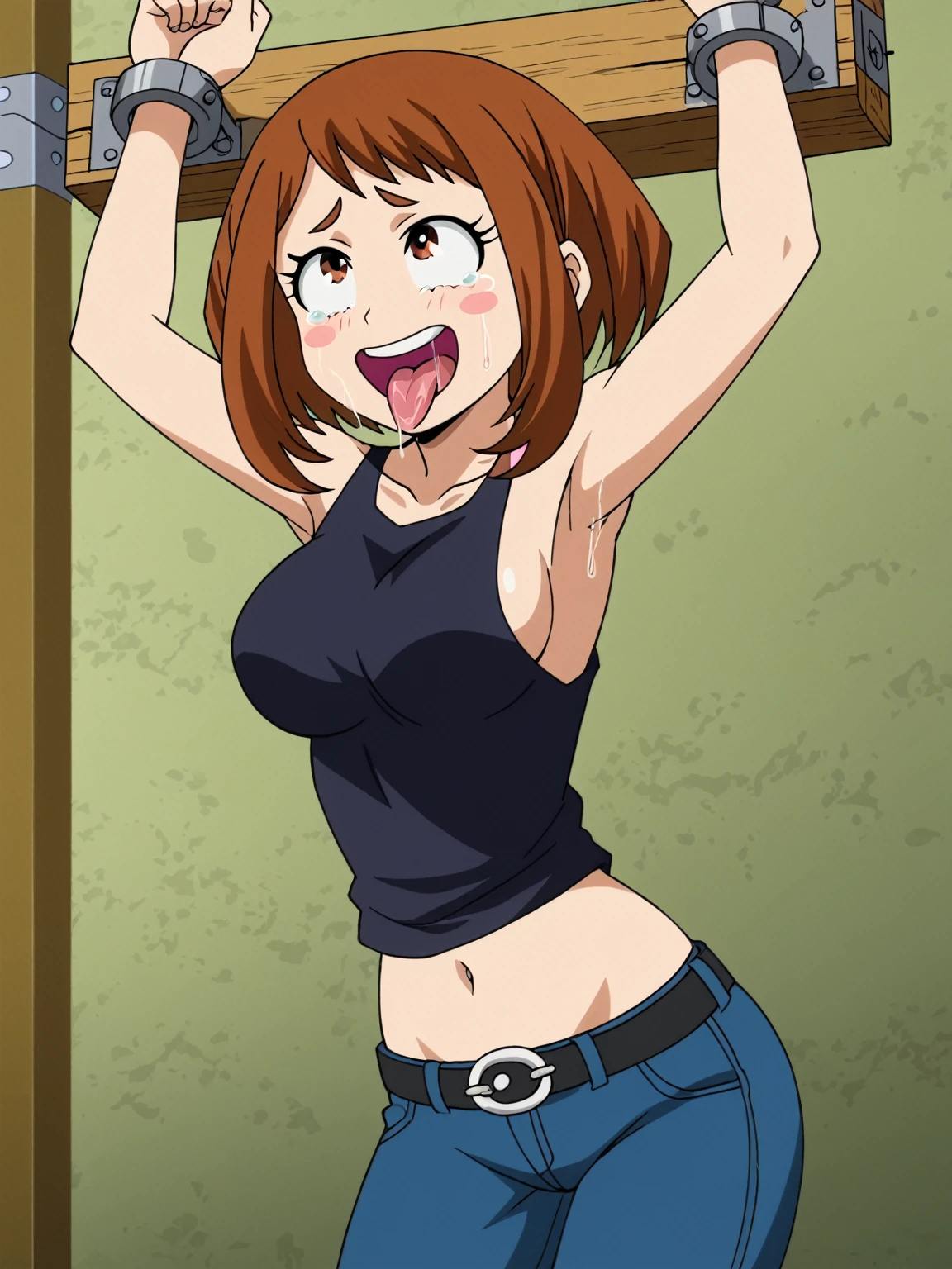 Here's the prompt:

A masterpiece anime screencap of Ochako Uraraka posing in Stocks Pose and restrained by mechanical_restraints with bare shoulders, black shirt, and blue pants. Perfect scenery and lighting highlight her perfect figure. Highly detailed, high-resolution image showcases her laughing with arms up, armpits visible, midriff visible, and sideboob exposed. She is bound by a sex machine and armpit tickled to insanity. Her face is ahegao as she's armpit tickled from behind, tears and saliva dripping down her cheeks. Her eyes are wide open, tongue out, and rolling in laughter as hands linger in her armpits. Armpits licking and licking_armpits are the focal point of this uncensored and absurdres image.