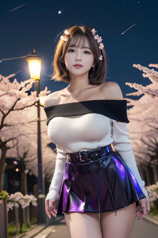 (((masterpiece:1.4, best quality:1.4, 8k, ultra high resolution, Physically based rendering))), full body portrait, Super beautiful sexy woman, Perfect style and figure, 24 years old, (Delicate big eyes), Meticulous eyebrows, Highlights, (Dark brown half updo hair, hair behind ears), Highly detailed facial and skin textures, Clear focus:1.2, slim and beautiful:1.4, ((Huge beautiful breasts:1.7, breast exposed)), Slim abs:1.1, Willow Yao:1.2, clear facial features, (phi makeup), (((Off the shoulders, sleeveless:1.2, Cropped black sweater:1.4, Lower chest:1.2))), (((Metallic Holographic Purple Highwest Pencil Miniskirt, skirt lift:1.6, long))), (Transparent black knee-high socks), ((phi)), (((Detailed beautiful pussy exposed:1.4, :1.5, cum in:1.5, The turbid liquid dripped down to the thighs))), Raise your hands above your head, (Lift your chin:1.2, open mouth), (from below), (looking at the audience:1.1), (Smile:1.2), (legs spread, facing forward), ((Cherry blossoms blooming at night:1.4, Sakura Fubuki:1.4, Falling cherry blossoms, Standing among blooming cherry blossoms:1.8, The glow of street lights:1.5)), ((Glowing particles dancing in the night sky:1.4, incredible sky:1.2)),