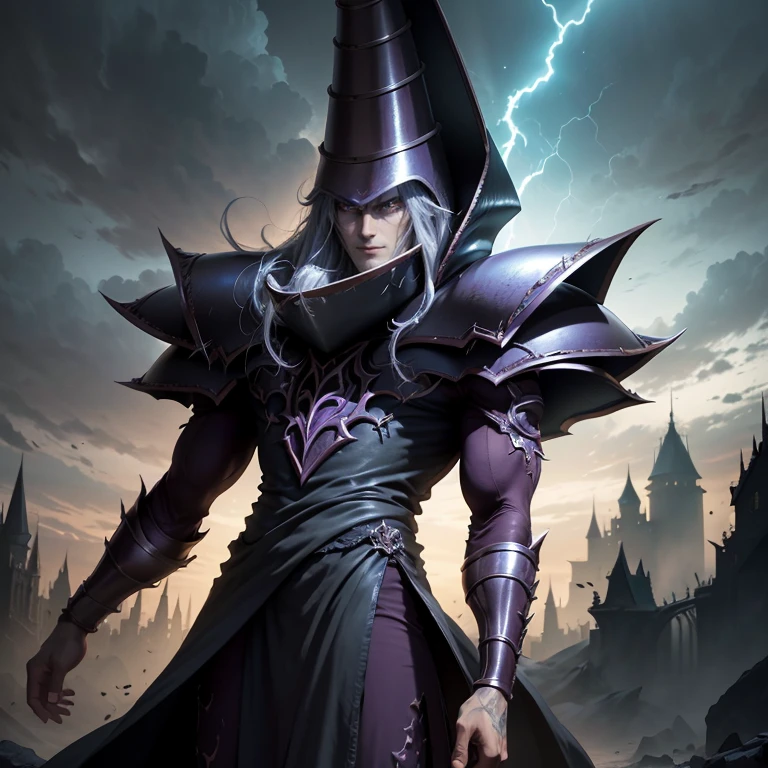 a highly detailed evil male mage, evil god of magic in abyssal armor, silver long disheveled hair, piercing evil eyes, disgusting malevolent smile, conjuring a powerful dark magic, lightning spell around, destroyed landscape, dark moody lighting, dramatic composition, cinematic framing, dark fantasy, 8k, hyper detailed, photorealistic, unreal engine, concept art style, dramatic lighting, deep shadows, dramatic backlighting