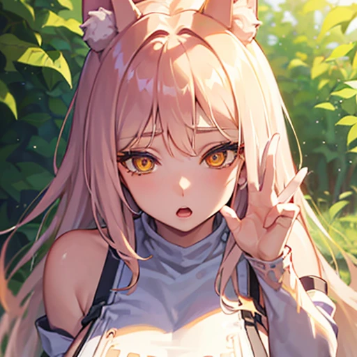 (finely detailed eyes and detailed face:1.3), (extremely fine and beautiful:1.1), (Perfect details:1.1), nikke, leona,  jambes grasses, yellow eyes, fox ears, white dress, short dress, sleeveless, sideboob, detached sleeves, shorts, belt