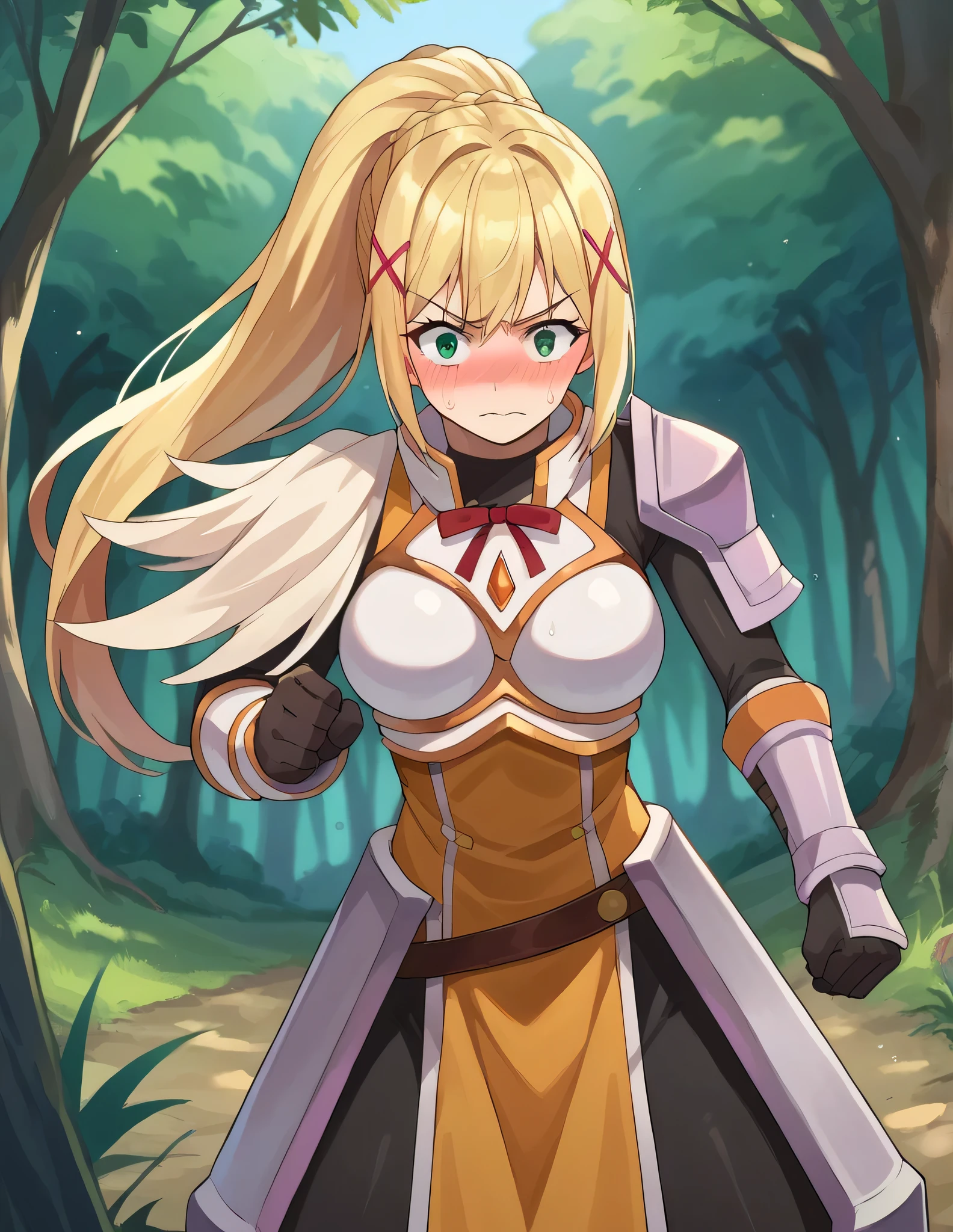 score_9, score_8_up, score_7_up, source_anime,
lalatinadustinessford, lalatina dustiness ford, long hair, green eyes, blonde hair, hair ornament, ponytail, braid, x hair ornament, embarrassed, blush,
gloves, armor, bodysuit, shoulder armor, armored dress, sword, weapon, holding weapon, fighting stance,
outdoors, forest, nature, slime,
looking at viewer, dutch angle, cowboy shot,