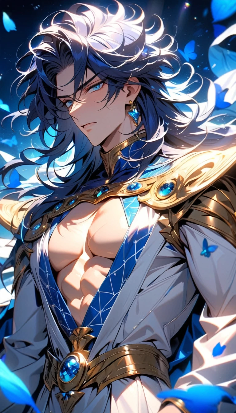 absurdres, highres, ultra detailed, HDR, master piece, best quality, Luka, black hair, messy hair windswept, expressive blue eyes, Demon Sorrow, solo, sexy man, handsome, toned chest, black cape with fur, blue necklace, blue lightning, fantasy, blue small orbs, starry sky