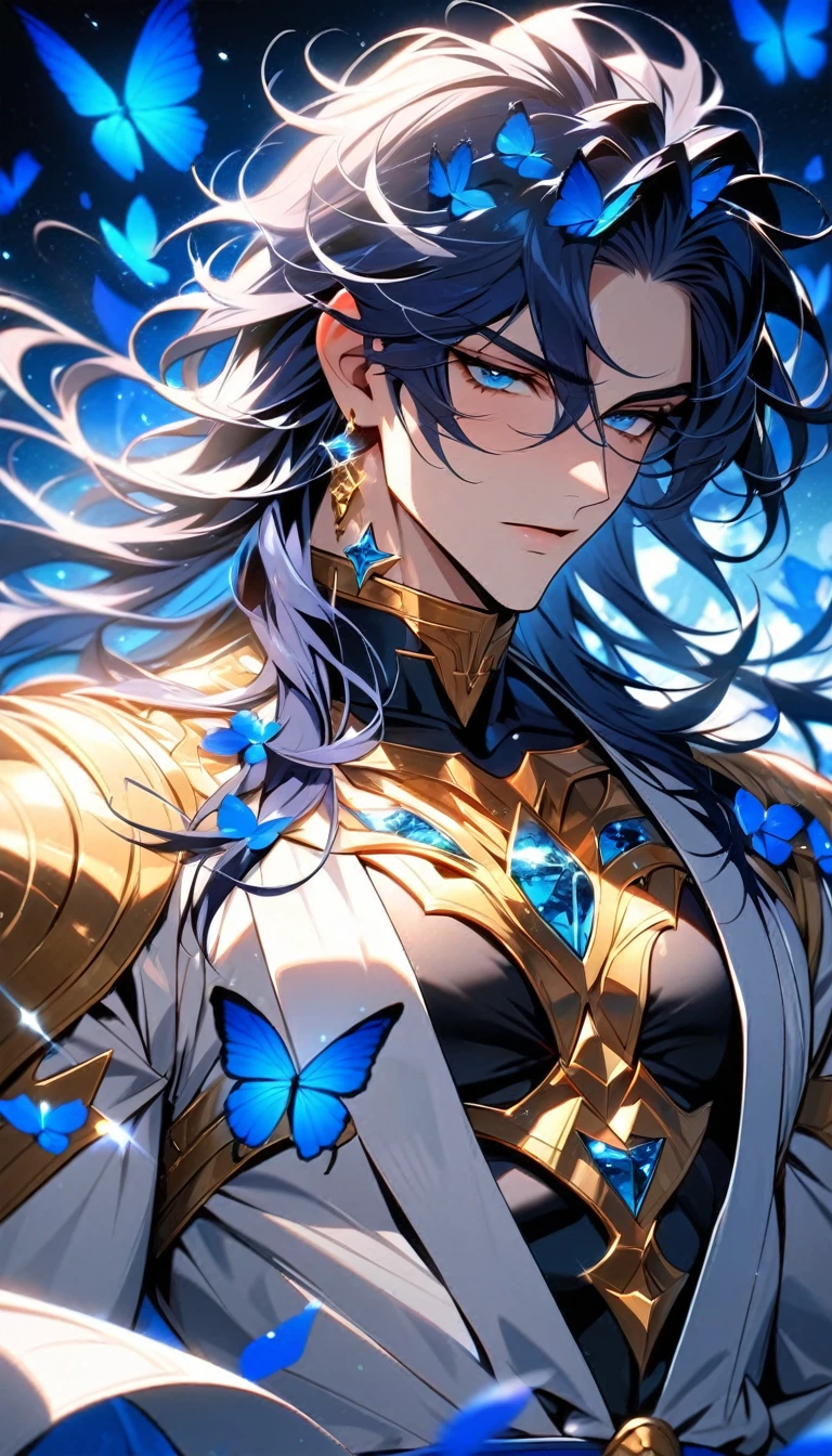 absurdres, highres, ultra detailed, HDR, master piece, best quality, Saga de gemini, dark blue hair, untamed hair, without bangs, expressive turquoise eyes, Saint Seiya, solo, sexy man, handsome, white coat, black tight shirt, patterns, toned chest, glittering blue butterflies, blue petals, blue flowers, magical, fantasy, blue background