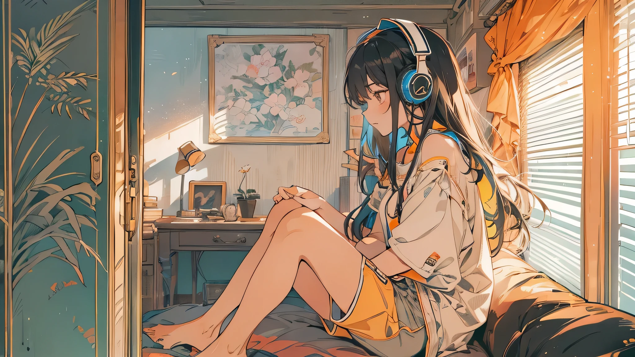 high resolution、One Girl、Wearing headphones、Fu shoulder shirt and hot pants、Inside a minimalist room、Fabric sofa、Vibrant colors、Vivid Color、Warm shades、Full body images、Orange long hair、