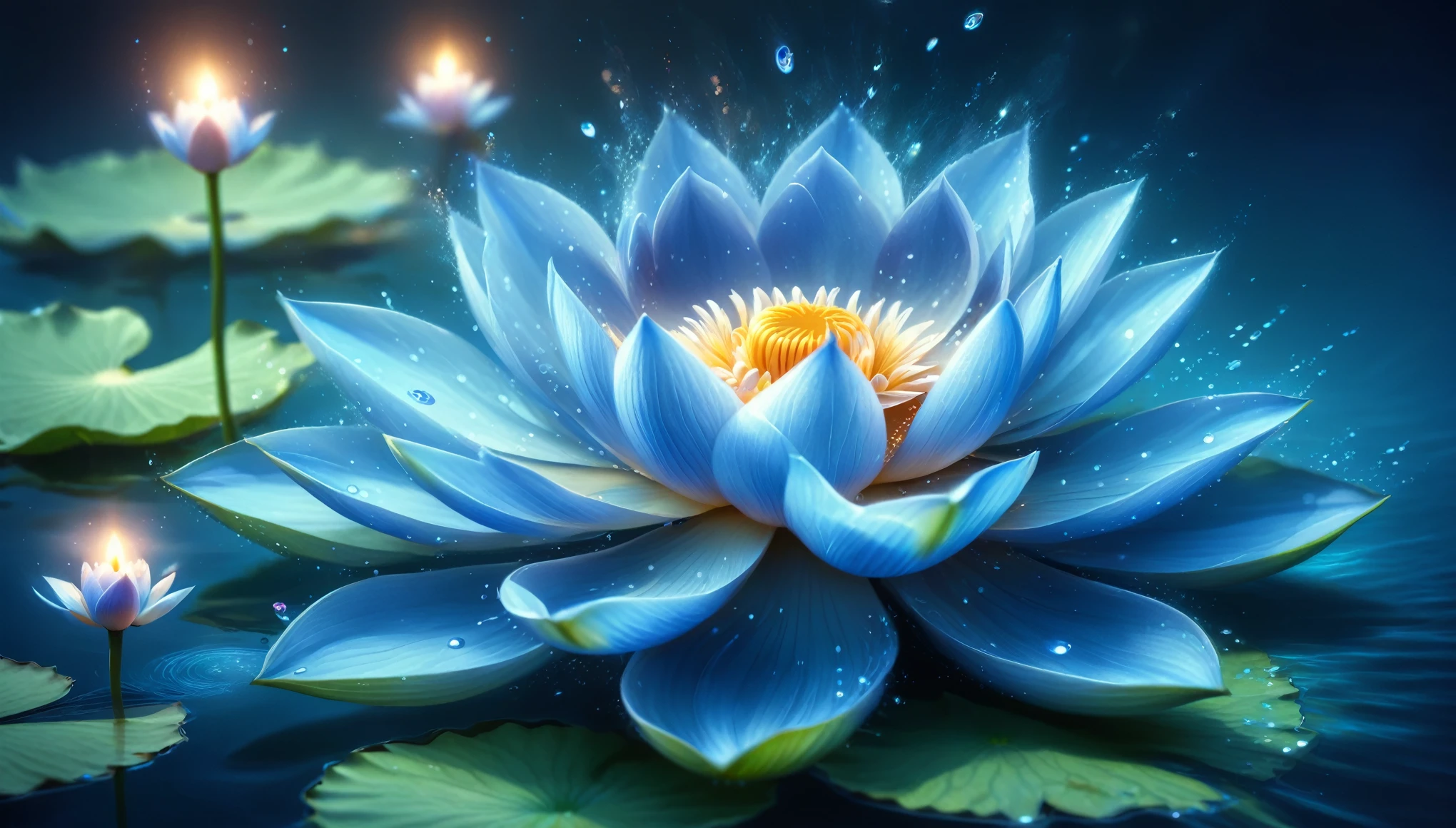 a blue flower floating on top of a body of water, psytrance artwork, shining lamps, connectedness, rendered in povray, standing gracefully upon a lotus, the artist has used bright, beautiful avatar pictures, anamorphic lens flares, koi