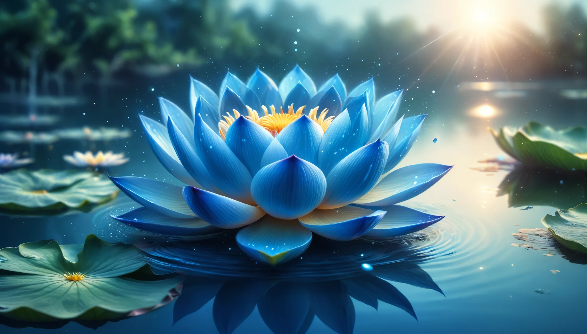 a blue flower floating on top of a body of water, psytrance artwork, shining lamps, connectedness, rendered in povray, standing gracefully upon a lotus, the artist has used bright, beautiful avatar pictures, anamorphic lens flares, koi