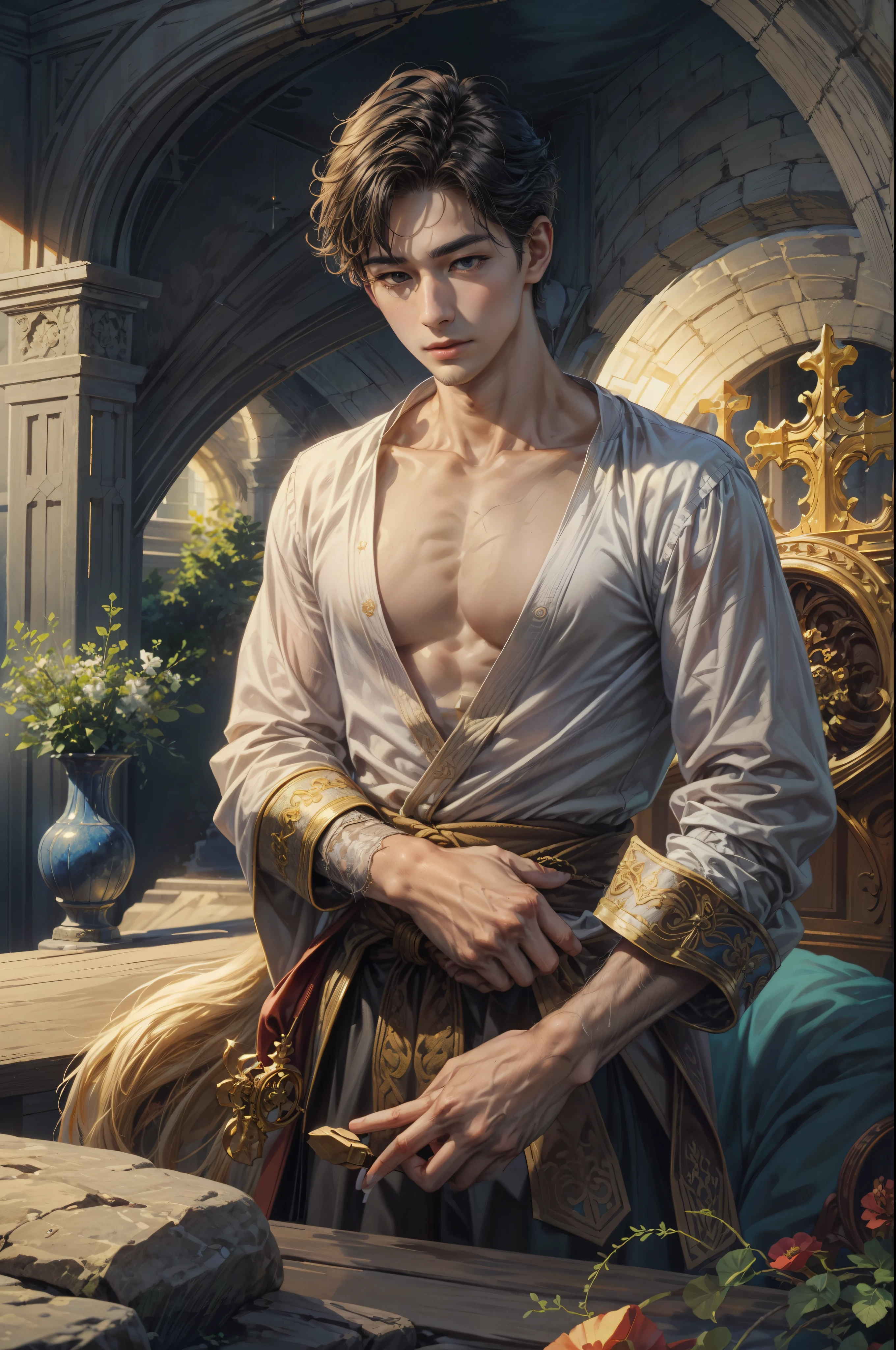 ((Best quality)), ((masterpiece)), (detailed), ((perfect face)), ((face focus)) a prince, a handsome young korean boy and short hair, resides in a cozy cathedral beside the beach, where he channels his creative energy into capturing the enchanting harmony between church and his inner world beach. As day turns to night, the moonlight envelops his canvas, revealing a breathtaking masterpiece that embodies the essence of his soul's journey and the beauty he discovers within himself."