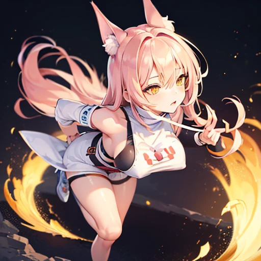 (finely detailed eyes and detailed face:1.3), (extremely fine and beautiful:1.1), (Perfect details:1.1), nikke, leona, jambes grasses, yellow eyes, fox ears, white dress, short dress, sleeveless, sideboob, detached sleeves, shorts, belt, full body, sexy pose, mature