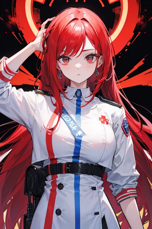 mulher, 24 anos, alta, cabelo vermelho, medica, apocalipse zumbi, corpo inteiro, usando um uniforme branco de medica, non-sexualized