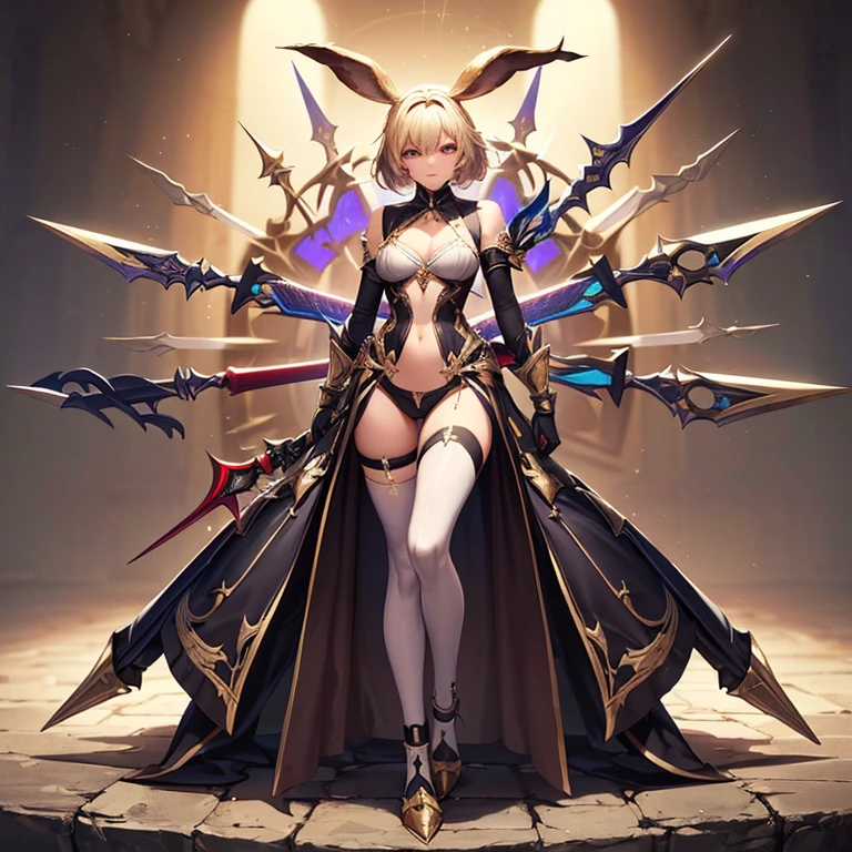 Design a layout showcase Gaming character, (1girl). Golden+Purle clothes, stylish and unique, ((showcase weapon:1.4)), magic staff, (masterpiece:1.2), (best quality), 4k, ultra-detailed, (Step by step design, layout art:1.5), (luminous lighting, atmospheric lighting), Final Fantasy style, magican, ((glove full hands)), fran, viera, (((revealing clothes:1.3))), vambraces, armored legwear, (((full_body_shot:1.4)))