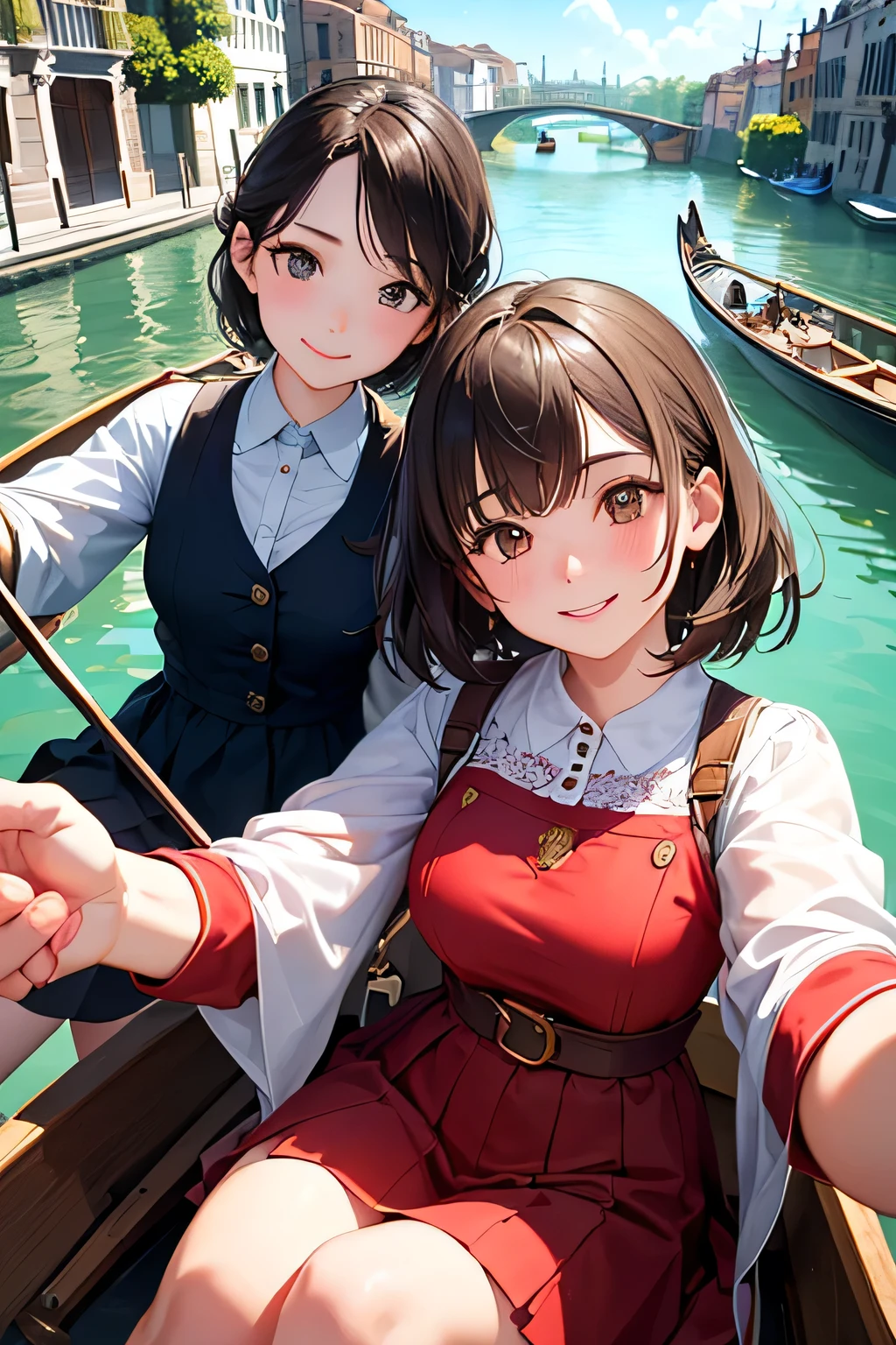 highest quality、High resolution、Detailed Background、(Beautiful face in every detail:1.4)、Anatomically correct、(Detailed facial expressions)、(Detailed eyes:1.2)、age beauty、(Highly detailed face:1.4)、Cute hair colour、Bobcut、ponytail、Cute hairstyle、well-groomed eyebrows、Do cute things、School trip、Cute JK Uniform、Unique scenery and historical architecture of a floating city、
(Beautiful girl smiling and taking a selfie on a gondola:1.5)、
A gondola glides gracefully under a stone bridge along a canal、There are two young women in the car.、
They are sitting holding hands、She has a somewhat embarrassed look on her face.、But at the same time、You can also sense the excitement.、
The gondola driver slowly rows the oars.、The two women are admiring the view of the canal that unfolds before them.、
A graceful gondola、The two of them look like they are in a dream state as they look at the historic buildings lining both sides of the street.、
「Wa、beautiful!」The two of them whispered to each other how touched they were.、They are holding hands and enjoying the view of the canal.、
Every now and then, the gondola driver breaks into song, bringing a smile to both of their faces.、The reflection of the two people on the water surface sways beautifully.、
In the relaxed flow of time、The two of them look genuinely happy、
The story unfolds on the canals of Venice.、It's a romantic scene.