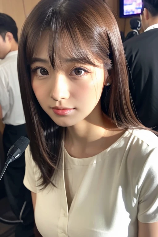 25 year old Japanese woman。Aspiring announcer、Wide eyes and parallel double eyelids、Fair and rosy skin、Plump lips。Hairstyle: dark brown straight long hair。Wear a clean white blouse。A serious look at a news script。The background is A