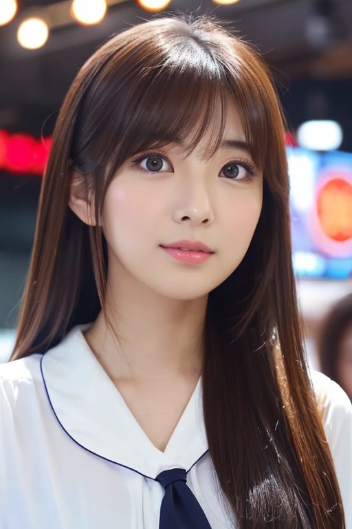 25 year old Japanese woman。Aspiring announcer、Wide eyes and parallel double eyelids、Fair and rosy skin、Plump lips。Hairstyle: dark brown straight long hair。Wear a clean white blouse。A serious look at a news script。The background is A