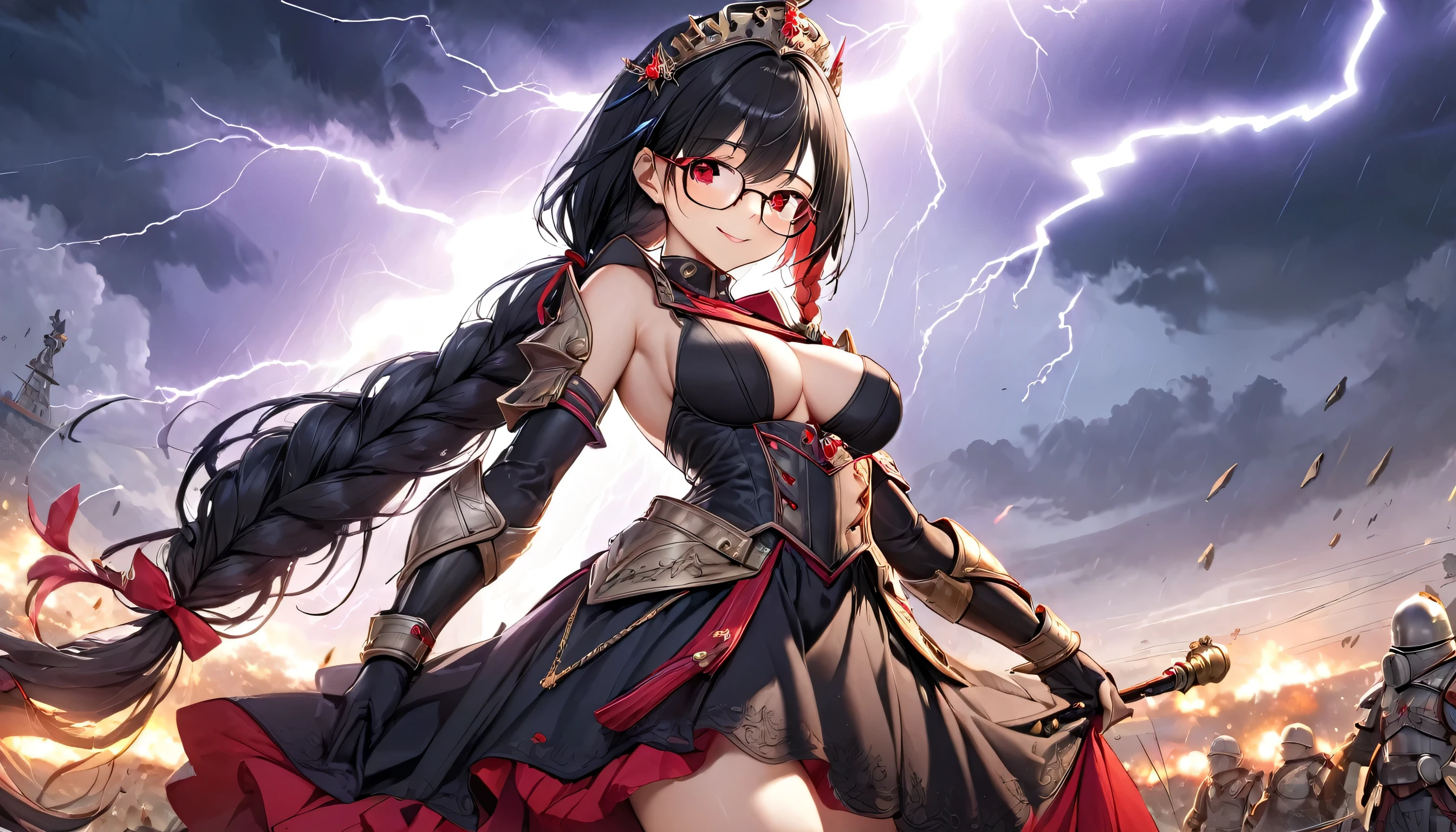 (solo long braid hair black hair cute femdom girl, detailed red eyes, love smile, glasses, 18 yo, big:0.6 tits), (in a detailed Magic Queen Dress), BREAK, panoramic (in the battlefield), (background a lightning:1.6), perfect anatomy, masterpiece, best quality, 16k.