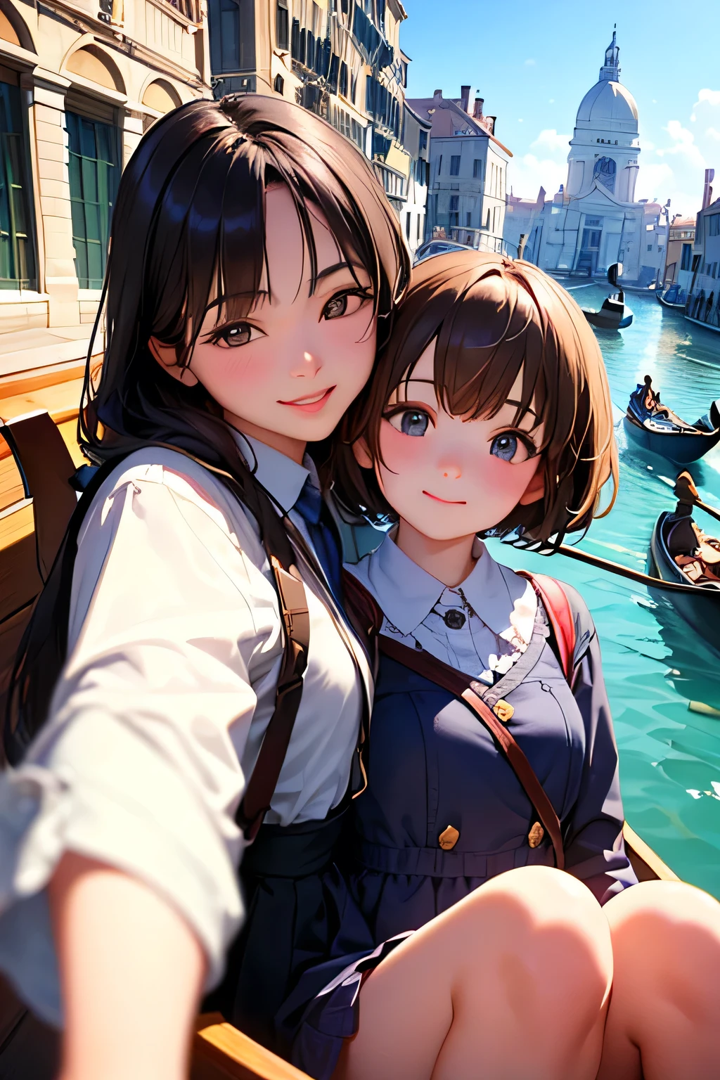 highest quality、High resolution、Detailed Background、(Beautiful face in every detail:1.4)、Anatomically correct、(Draw the correct number of fingers:1.2)、(Detailed facial expressions)、(Detailed eyes:1.2)、age beauty、(Highly detailed face:1.4)、Cute hair colour、Braided Bob、ponytail、Cute hairstyle、well-groomed eyebrows、Do cute things、School trip、Cute JK Uniform、Unique scenery and historical architecture of a floating city、

(Beautiful girl smiling and taking a selfie on a gondola:1.5)、

A gondola glides gracefully under a stone bridge along a canal、There are two young women in the car.、
They are sitting holding hands、She has a somewhat embarrassed look on her face.、But at the same time、You can also sense the excitement.、
The gondola driver slowly rows the oars.、The two women are admiring the view of the canal that unfolds before them.、
A graceful gondola、The two of them look like they are in a dream state as they look at the historic buildings lining both sides of the street.、
「Wa、beautiful!」The two of them whispered to each other how touched they were.、They are holding hands and enjoying the view of the canal.、
Every now and then, the gondola driver breaks into song, bringing a smile to both of their faces.、The reflection of the two people on the water surface sways beautifully.、
In the relaxed flow of time、The two of them look genuinely happy、
The story unfolds on the canals of Venice.、It&#39;s a romantic scene.