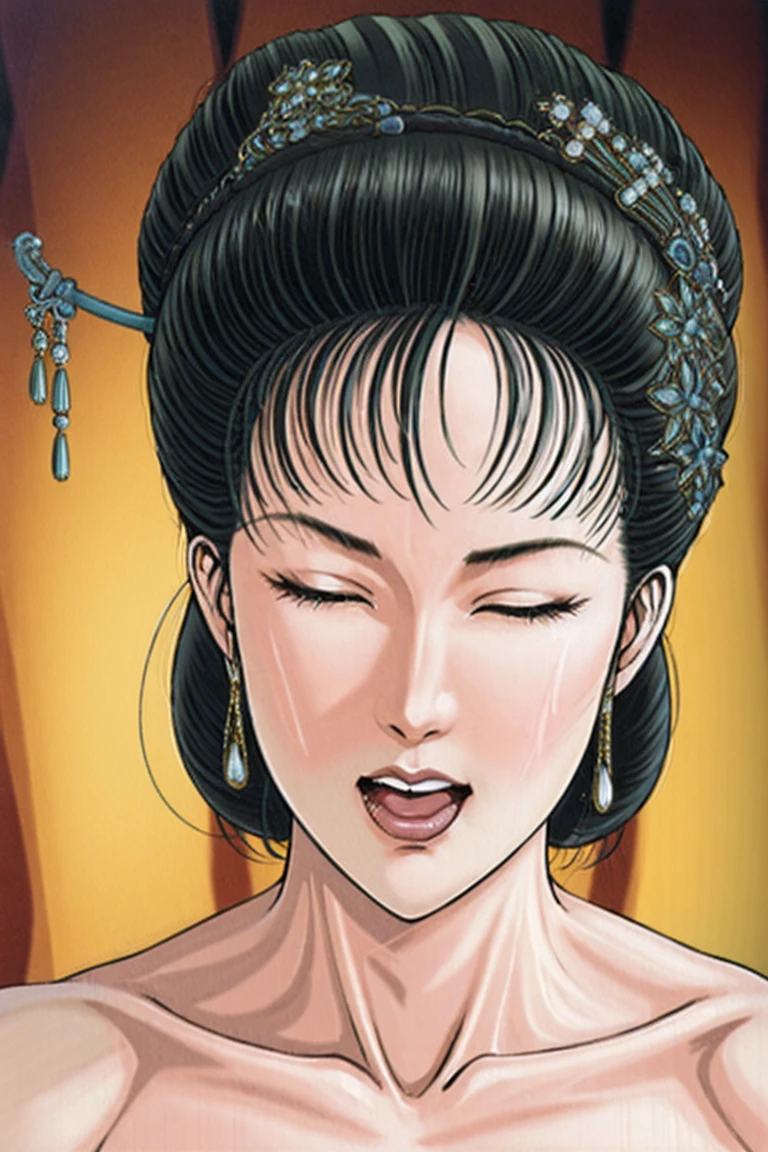 (best quality), (very aesthetic), (ultra-detailed), (best illustration),(a mature female),(NSFW),(perfect face),Suikoden,Mrs. Lin,((full_body)),((full_nude)),red cheek,sweating,skinny,chinese traditional bed room,eyes are closed,mouth is wide open,tongue is carefully licking the glans of the penis.
