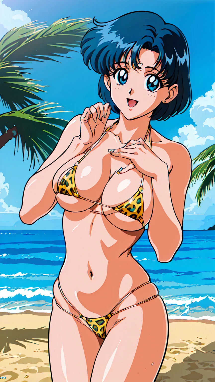 , (masterpiece, 4K, highest quality, Detailed face, Lovely, Ocean,Bold Line, High resolution, anime, Lake 4. alone, Curvaceous, Thighs, Cleavage, Mid-chest, smile, Please open your mouth wide, Very slim belly, Cowboy Shot,Leopard print micro bikini,1 girl、Aqua Eye,Blue Hair,short hair,,(Very detailed),(90年代anime,90年代anime,90年代anime style,セル画anime),Beautiful Face, , Impressive visuals,(((beach))'