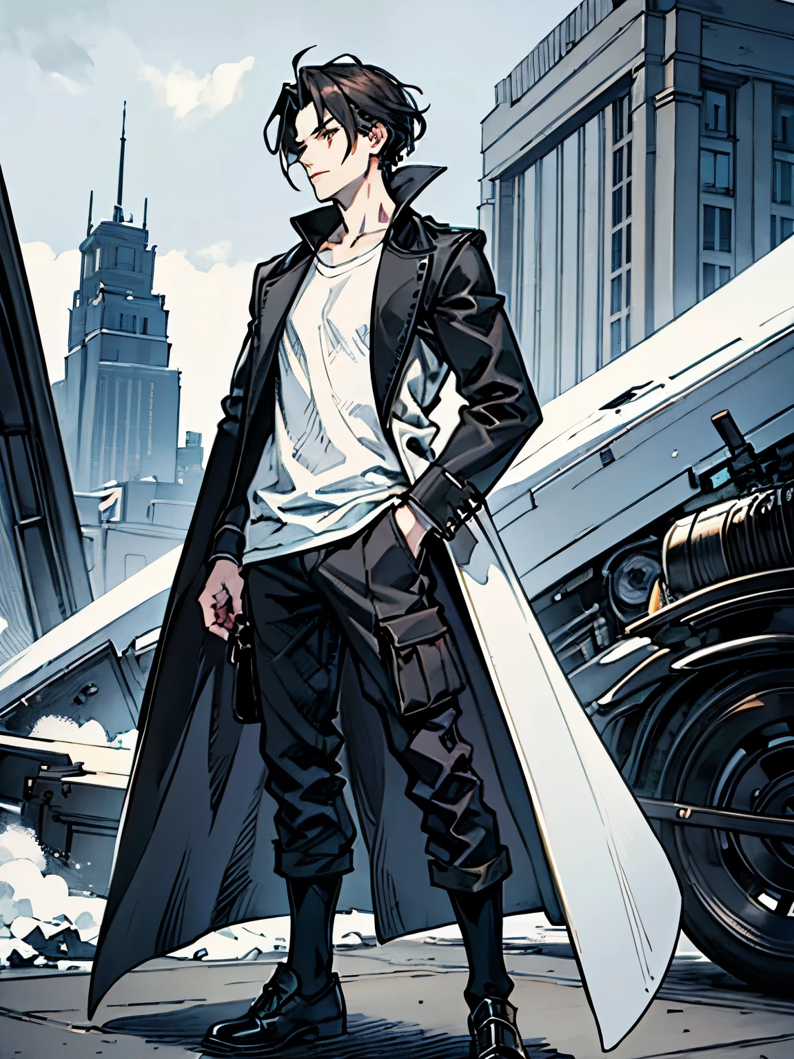 masterpiece, best quality, 1boy, solo, 20s, serious expression, long dark gray hair, pretty, pale skin, white tshirt, black overcoat, black cargo pants, black shoes