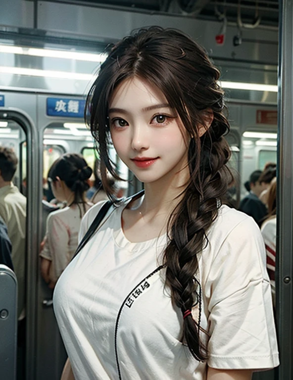 (best quality、8K、32k、masterpiece、Hum:1.2)、Cute Japanese women photos、Breasts look soft、No、plump breasts、((Brown short))、Face focus、White T-shirt、??、?above、looking at the audience、((I smiled))、???Shadow、Money?girl、???Bright??、shine, flow?、((in a crowded train)),long hair,蓬勃後long hair,braid,細braid,