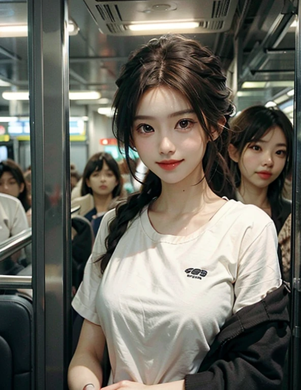 (best quality、8K、32k、masterpiece、Hum:1.2)、Cute Japanese women photos、Breasts look soft、No、plump breasts、((Brown short))、Face focus、White T-shirt、??、?above、looking at the audience、((I smiled))、???Shadow、Money?girl、???Bright??、shine, flow?、((in a crowded train)),long hair,蓬勃後long hair,braid,細braid,