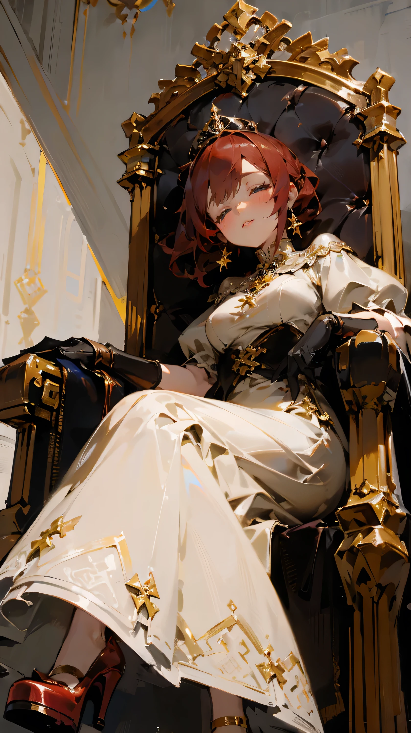 ((best quality)),Gold Dress， Jewelry Packaging)),((1 Obese girl))From below，Cross your legs，Dark red hair，Platform shoes，Sleeping on the throne，luxury，((Gloves))，（Nikolai Fehin），( Fisher, )，The background is a banquet，luxury，drinks，Lace-up high heels