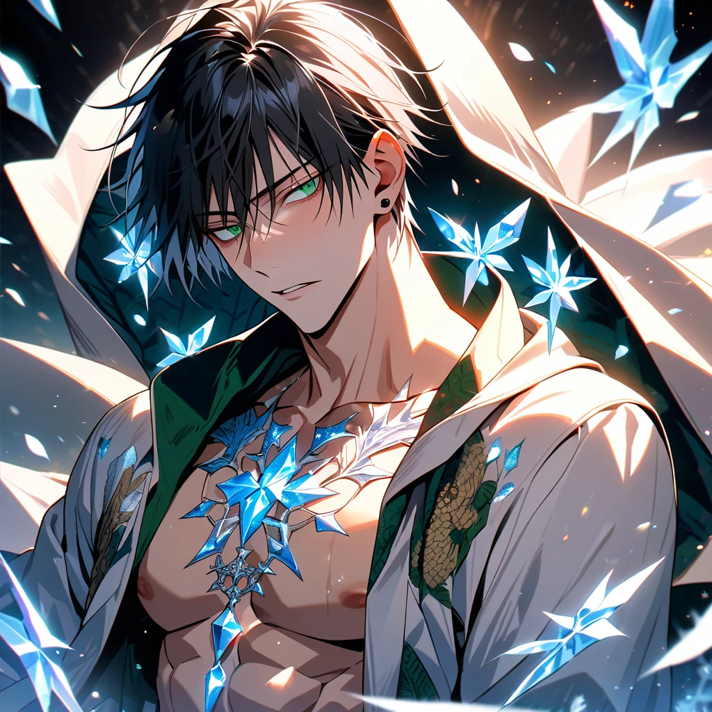 Ultra detailed, Highres, absurdres, HDR, Chisaki Kai, Overhaul, dark brown hair, short hair, short bangs, expressive golden eyes, Boku No Hero Academia, blue flowers, petals, handsome, sexy man, solo, very detailed eyes and face, glittering, master piece, toned chest, fantasy, cross, best quality, dark oliver-green jacket with fur, white necktie, black shirt, black pants, blue background, blue flames, piercing on his left ear