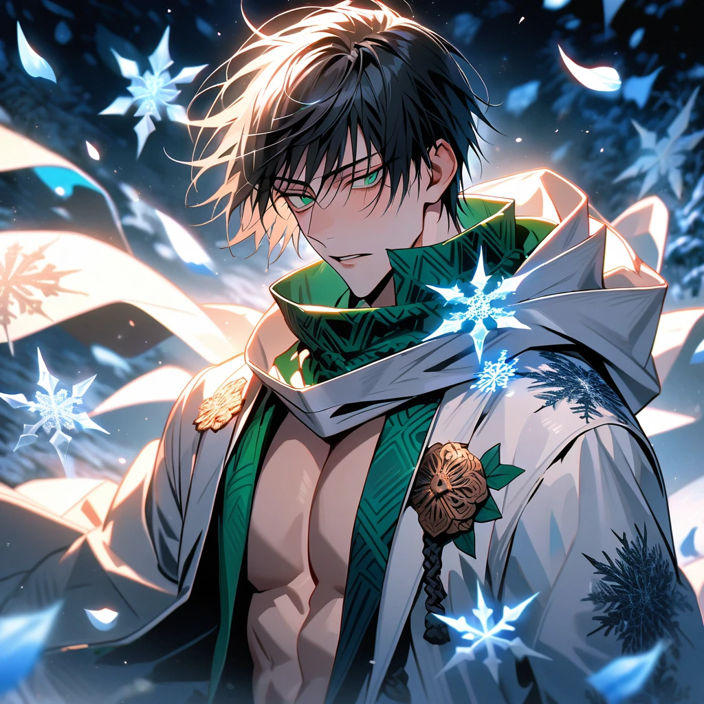 Ultra detailed, Highres, absurdres, HDR, Fushiguro Touji, black straight hair, expressive green eyes, white coat with patterns with a hoddie, Jujutsu Kaisen, white flowers, winter, ice, snowflakes, petals, handsome, sexy man, solo, very detailed eyes and face, ice butterflies, master piece, toned chest, glittering, fantasy,