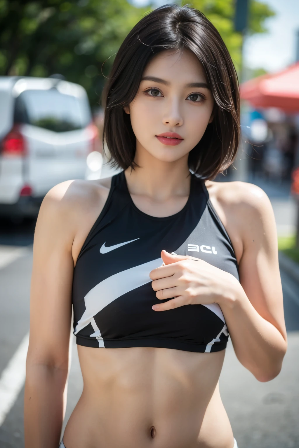 (Highest image quality:1.35), high quality, Realistic photos, (一位Beautiful woman:1.33), Beautiful expression, (Exquisite eyes:1.3), (beautiful eyes:1.3), (delicate face:1.3), Smile, (Shiny hair:1.2), (Black Hair:1.3), (Muscular body:1.2), Super detailed, high resolution, Sporty, (Large Breasts:1.25), (short hair:1.2), (Beautiful woman), (cute navel:1.2), (Depth of field/1.2:1.45), Clear focus, original photo, (Sprinter'white bloomers:1.45), (適合短跑選手的White movement文胸:1.4), (White movement燈籠褲:1.4), (White movement:1.4), (Open your arms:1.4), (Thick thighs:1.6), (Beautiful thighs:1.65),(Turn your face forward:1.25), (Cowboy shooting:1.5), (Track and field at night:1.4), (Gloomy sky:1.5),