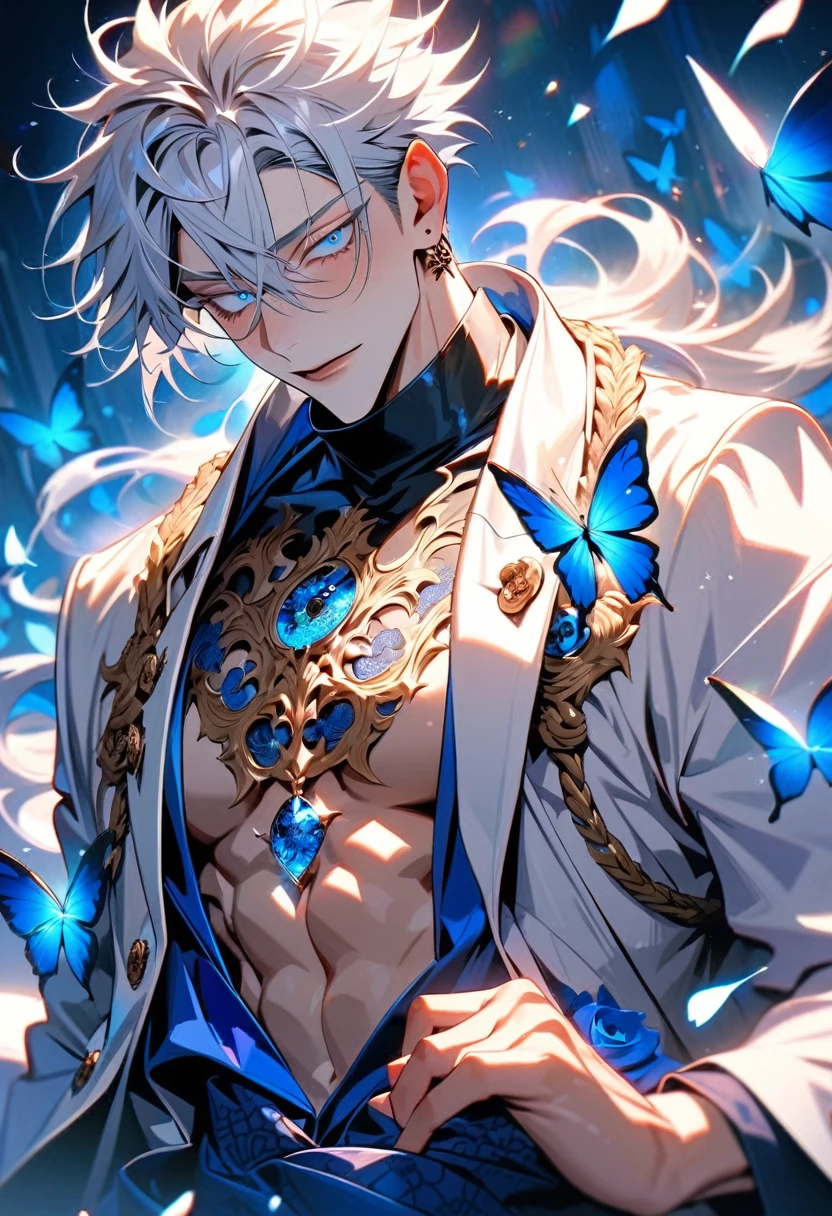 absurdres, highres, ultra detailed, HDR, master piece, best quality, Gojo Satoru, white hair, with bangs, hair between the eyes, expressive blue eyes, white eyelashes, Jujutsu Kaisen, solo, sexy man, handsome, white coat, black tight shirt, patterns, toned chest, glittering blue butterflies, blue petals, blue flowers, magical, fantasy, blue background