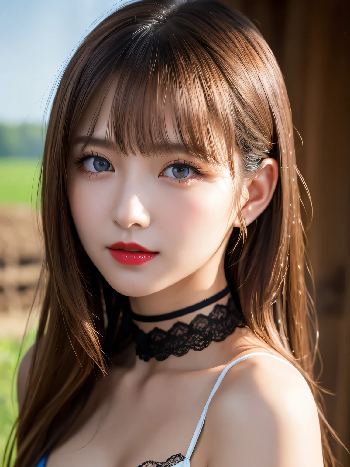 (highest quality, masterpiece:1.3, 超A high resolution), (Very detailed), Very detailed,High resolution 16k, Human skin close-up, The skin texture is natural, It must be detailed enough to be easily identifiable, Skin should look healthy and have an even tone, Use natural light and color, ((Pink tops)), ((the body is slim)), girl, Japanese, 18-year-old, cute, Long Hair, Big Breasts, smile, Turn your body forward, (View from the front:1.1), Looking into the camera, focused on the chest, Light chestnut straight long hair, ((Black choker)), very long eyelashes, blue eyes, bangs, Big Breasts, Red lips, Fantasy、grassland、blue sky、Full body portrait、((Slim face))