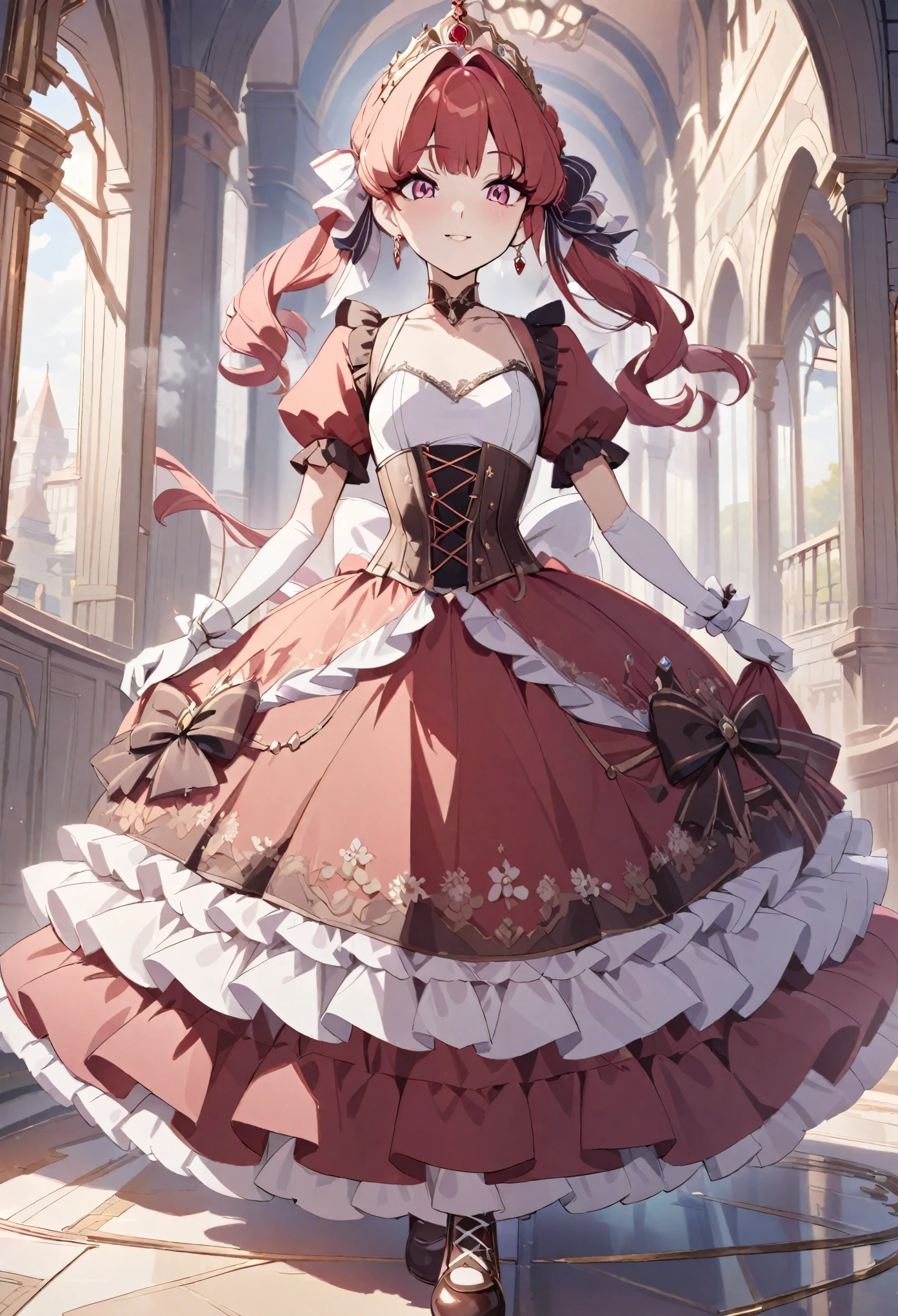 (best quality,4k,8k,highres,masterpiece:1.2),ultra-detailed, Pretty 15 years old princess, drawn in anime style, is cute and happy, long red twin tail hair, pink eyes, small breast, makeup and lipstick, steampunk, red and white ball gown with big puffy sleeves, physically-based rendering,gorgeous princess dress design,flowing gown,elaborate lace details,rich textures,contrast stitching,delicate ribbon bows,floral accents, daisy flowers embroidery, full skirt,short sleeves,fitted waistline,flared cuffs,lace-up back,luxurious fabrics,flawless silhouette, petticoat, bloomers, bustle, corset, hair ribbons, white elbow gloves, ruby earrings and necklace, gold tiara, high heels, holding a fire magic wand, walking in castle hallway, highly detailed, 4K.