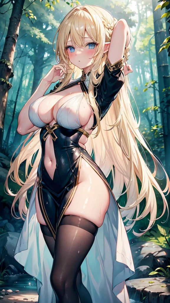 Blonde hair and blue eyes Long Hair Elf Big Breasts Wet in the forest Embarrassing black tights Erotic blush Large Breasts Beauty cute Highest quality Dancer's costume